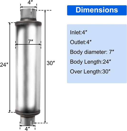 Inlet Diesel Exhaust Muffler, 4 & 5 Inch Inlet/Outlet Resonator Muffler Straight Through Stainless Steel 30" Whole Length,Welded On Exhaust Tip- -  4"